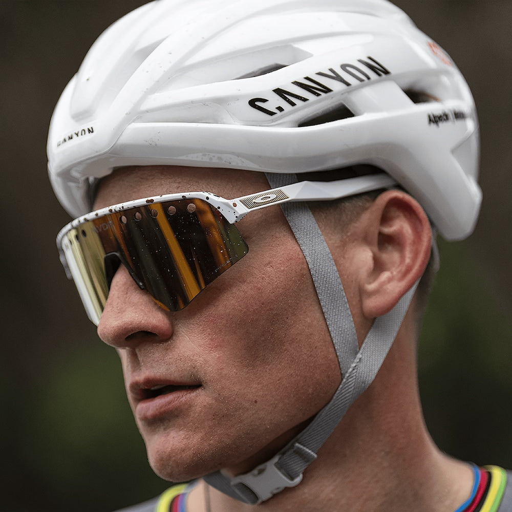 Oakley sunglass Mathieu Van Der Poel Signature Series Sutro Lite Sweep prizm 24k Lenses with red/gold splatter Frame